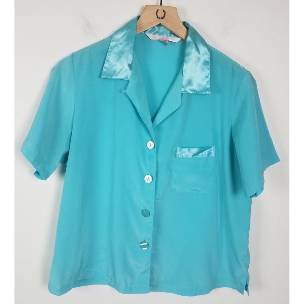 Victoria's Secret Sz. M Button Up Satin Collared Tiffany Blue Pajama Shirt
